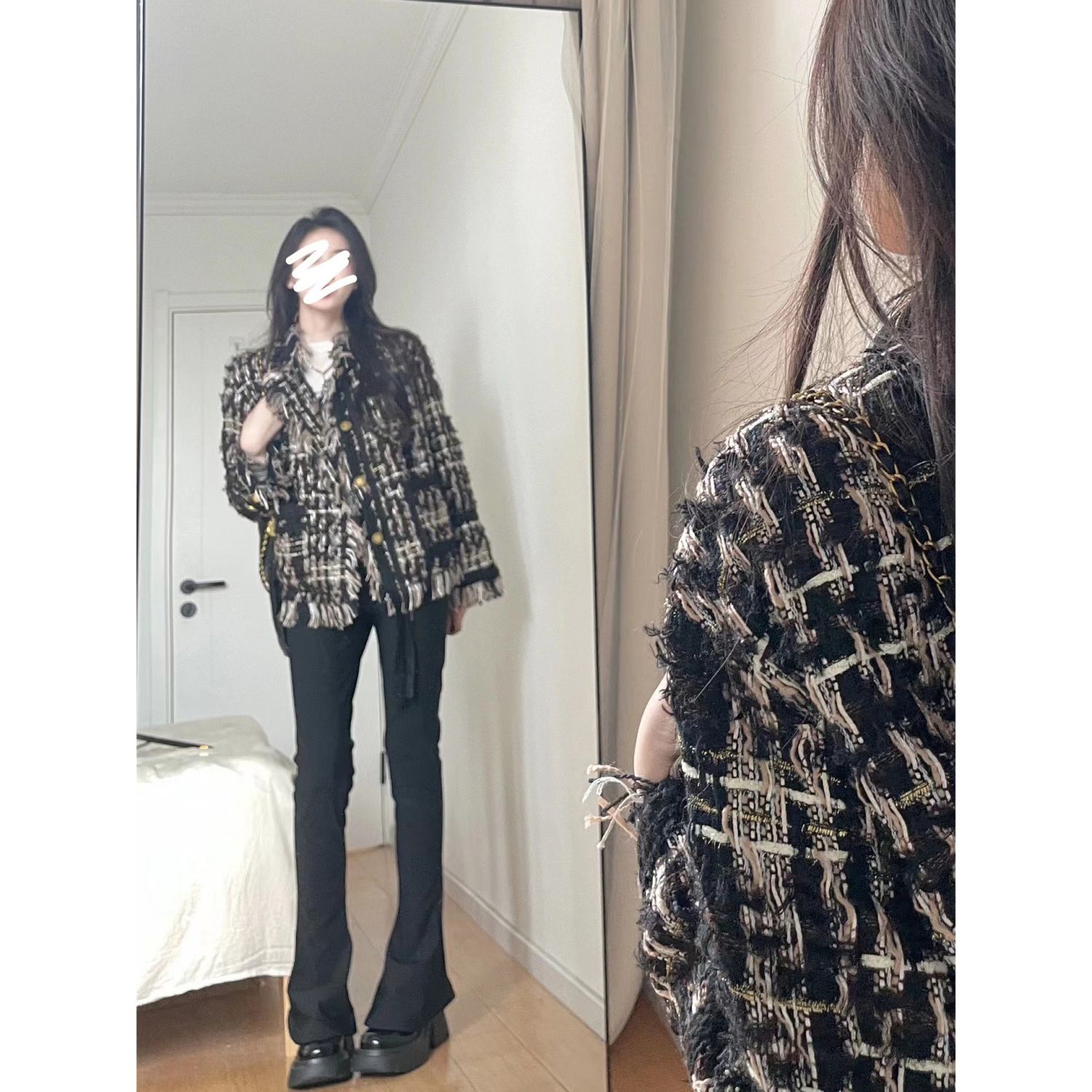 French black gold braided tweed small fragrant jacket for women in autumn and winter. Fashionable tops for ladies with high-end temperament.