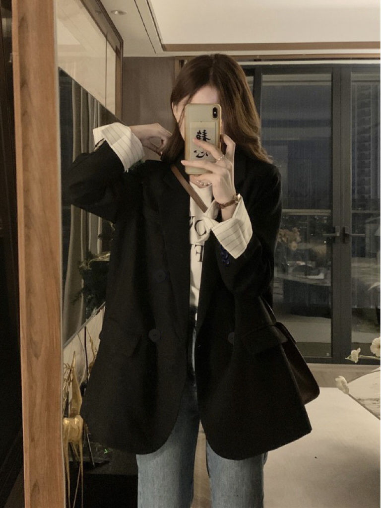 Black suit jacket for women, spring and autumn, Korean version, oversize, slimming, internet celebrity, light luxury, high-end, casual, street suit