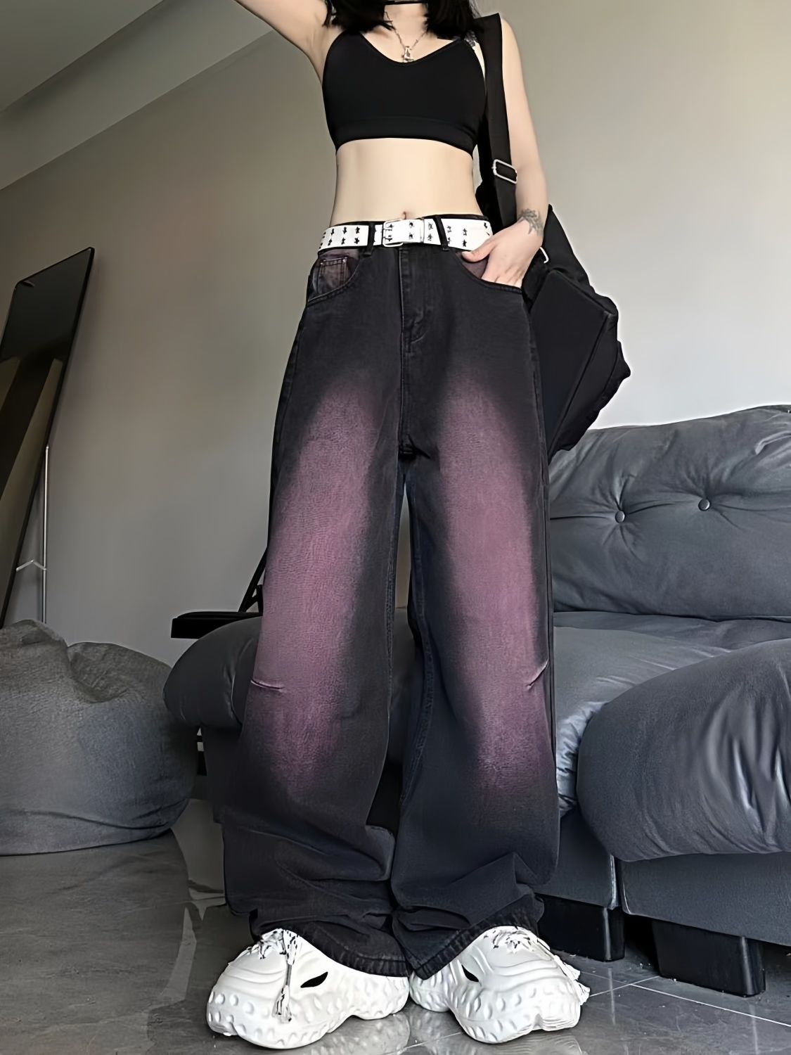 美式vibe復古拼色塗鴉牛仔褲女秋季設計感辣妹寬鬆直筒闊腿拖地褲