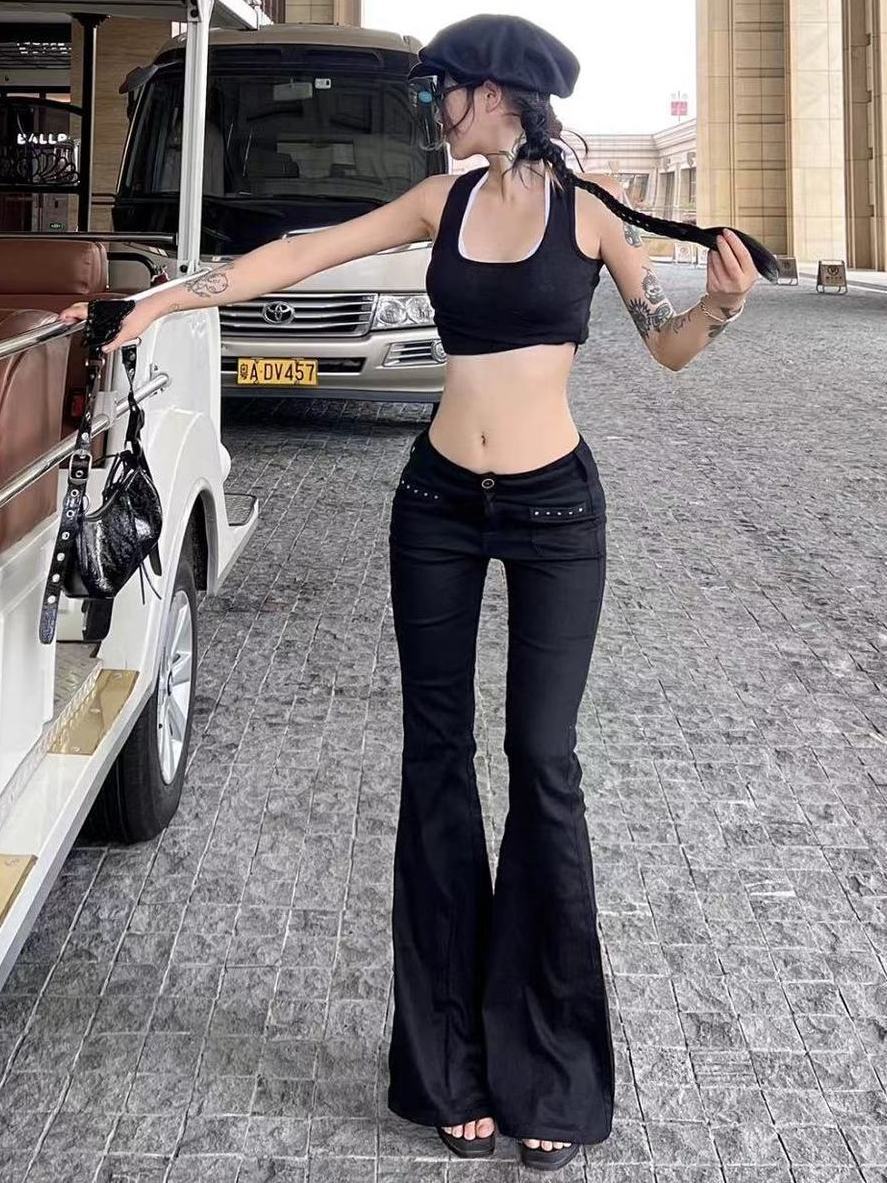 辣妹復古朋克鉚釘低腰牛仔喇叭褲女秋冬修身直筒長褲馬蹄拖地褲春