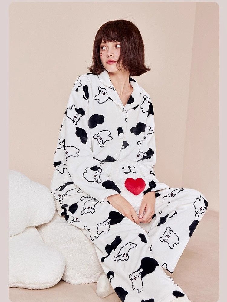 線條小狗珊瑚絨睡衣女冬季新款加厚保暖法蘭絨可愛卡通家居服套裝