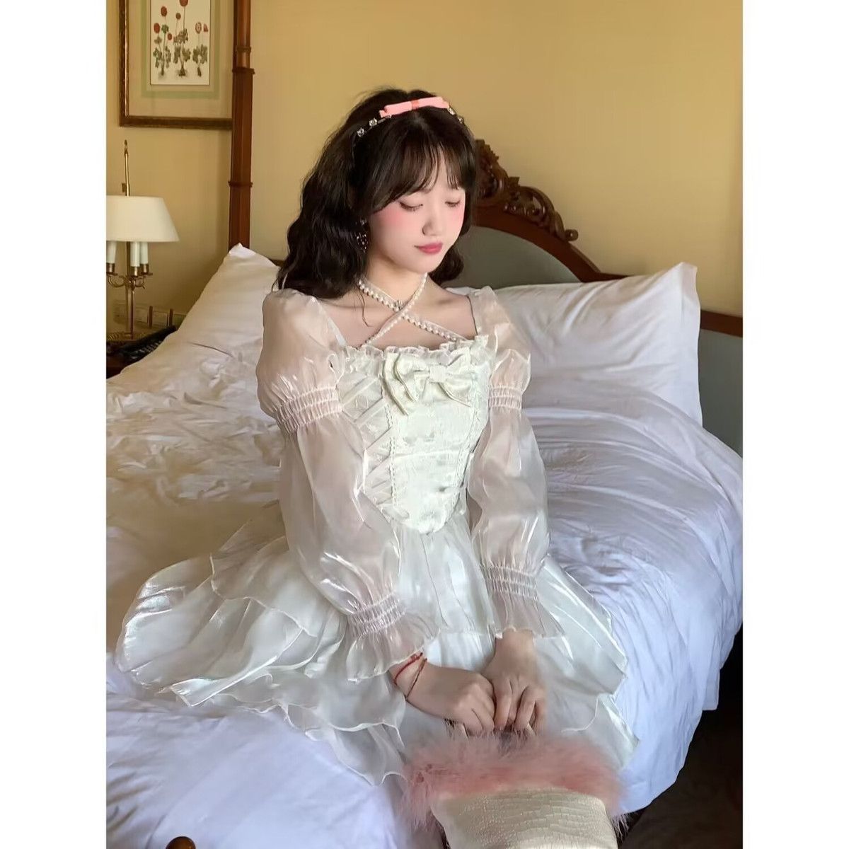ロリータ コスプレ コスプレ セクシー ロリータ 優しさ スウィート 蝶ネクタイ スクエアネック白メッシュドレス プリンセスドレス 2024春夏新作