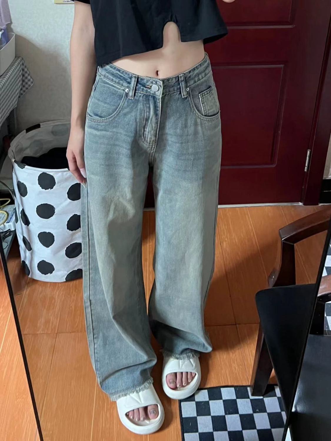 美式ins做舊毛邊直筒牛仔褲女秋冬設計感高腰寬鬆顯瘦闊腿拖地褲