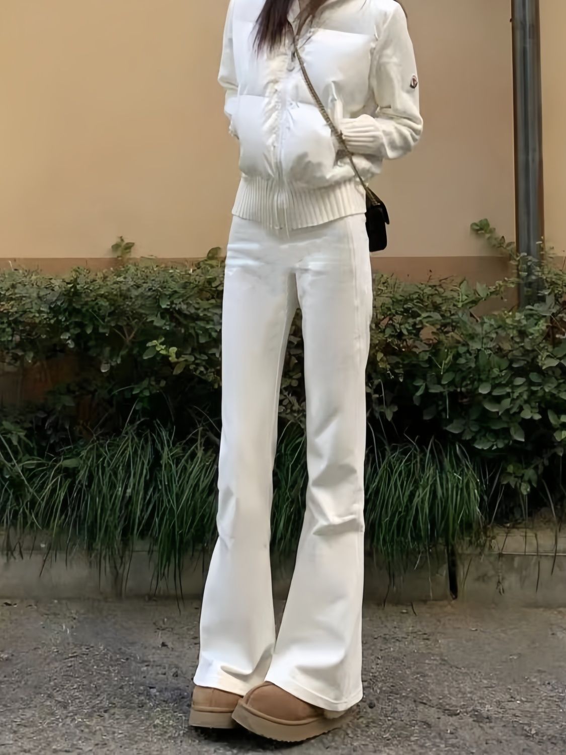 高街白色微喇叭牛仔褲女春季小個子彈力高腰修身顯瘦拖地馬蹄長褲