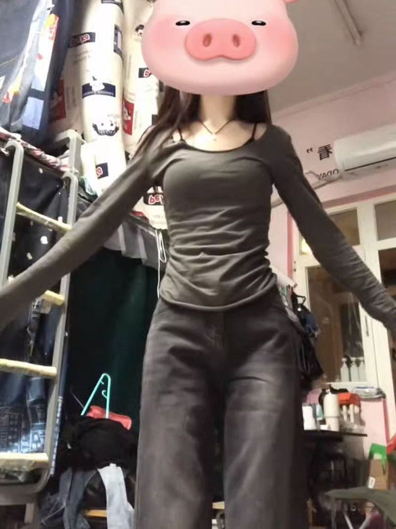 純欲U領露鎖骨薄款長袖打底衫女內搭春秋短款修身t恤辣妹收腰上衣