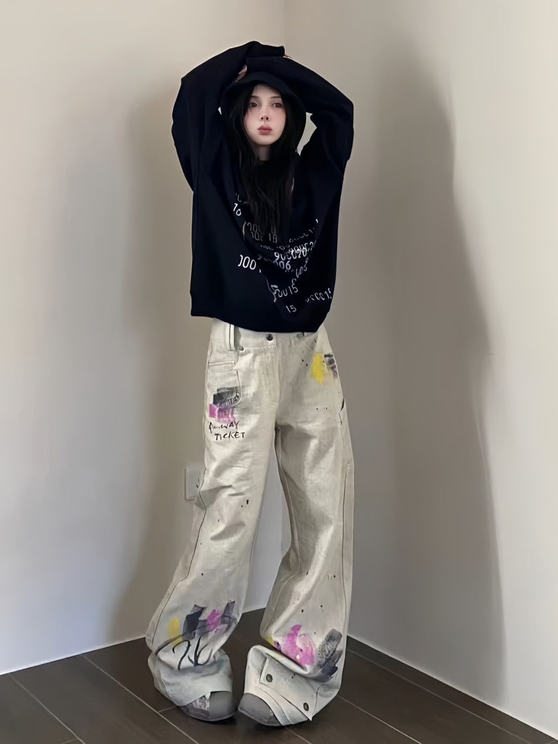 美式復古設計塗鴉印花牛仔褲女秋冬高腰寬鬆顯瘦闊腿髒髒拖地褲潮