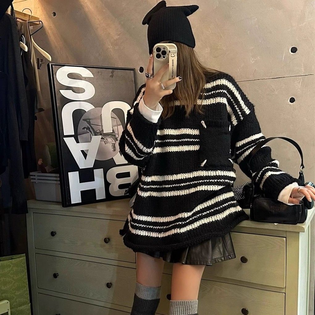 韓版復古慵懶風條紋長袖套頭毛衣女秋冬外穿寬鬆軟糯休閒針織上衣