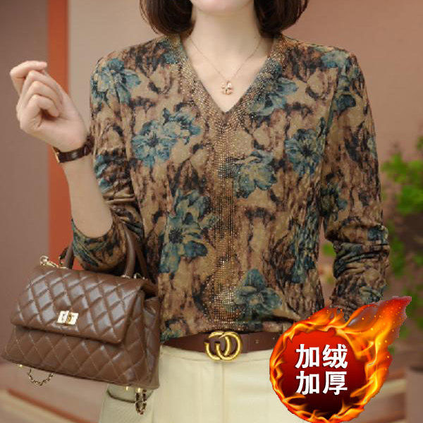 保暖加絨加絨長袖打底衫女秋冬季新款洋氣遮肉媽媽裝減齡顯瘦上衣