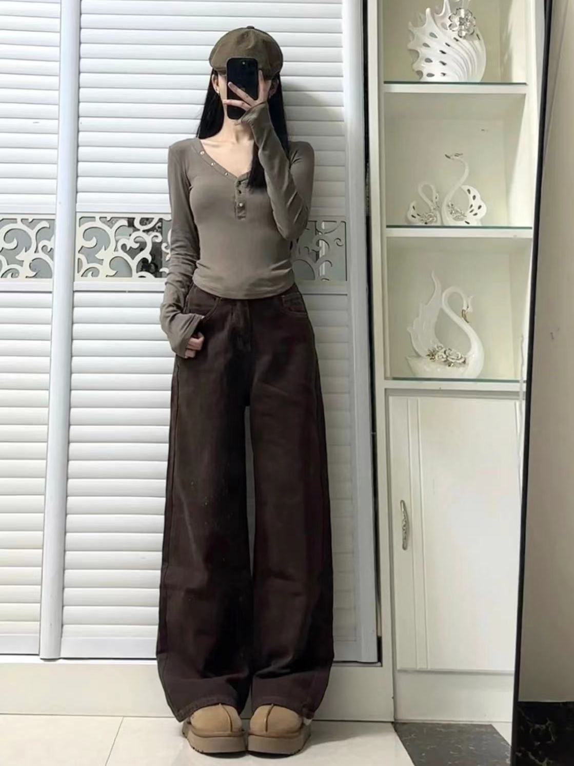 美拉德咖色闊腿牛仔褲女春季設計感高腰寬鬆顯瘦垂感直筒拖地長褲