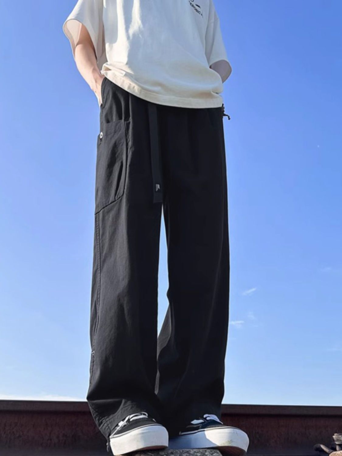 美式飄帶工裝褲男秋季2023新款寬鬆直筒闊腿痞帥潮牌炸街休閒褲子