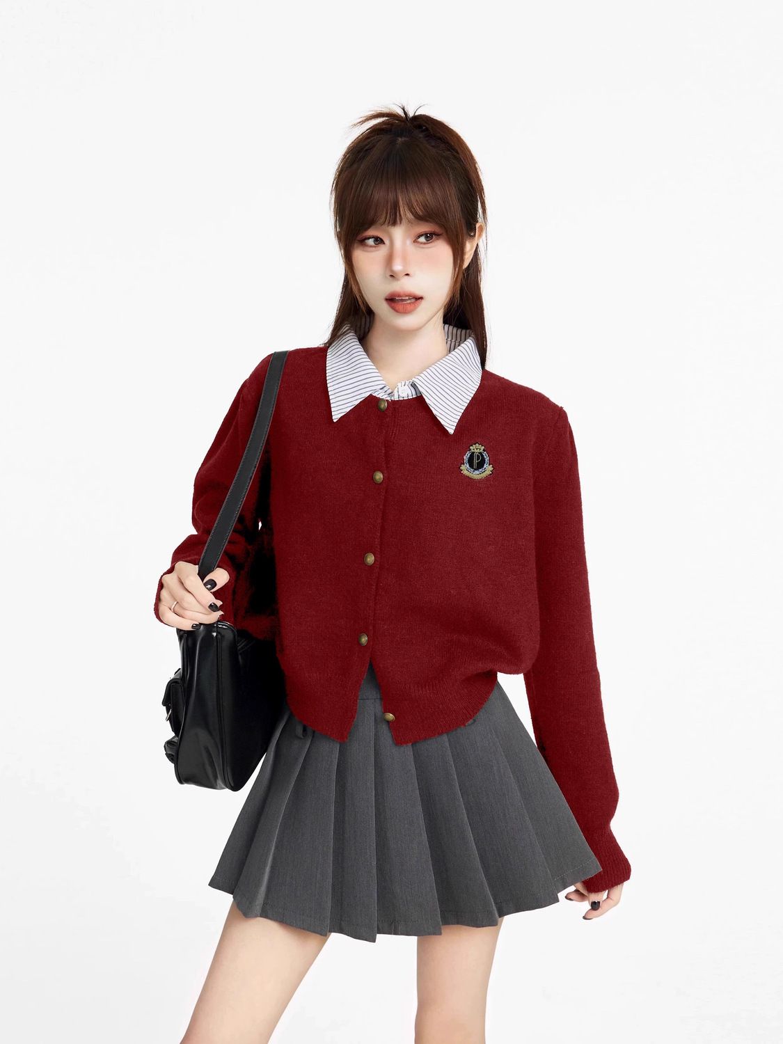 MINETTE新年過年紅色新年學院風假兩件短款毛衣女秋冬季針織衫