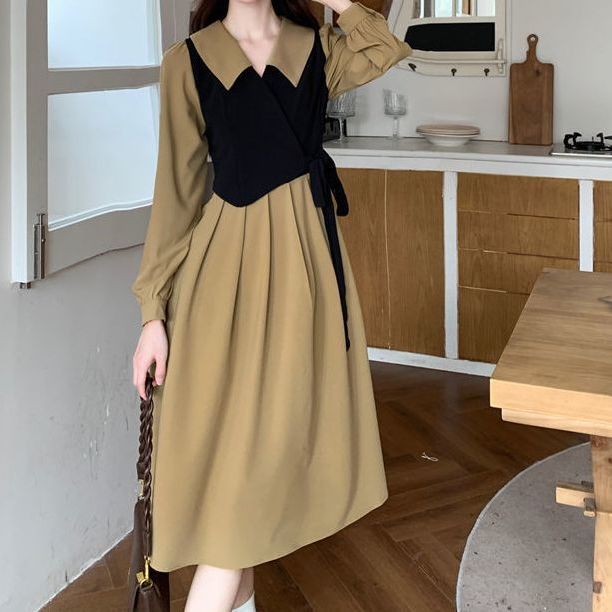 大碼春秋氣質假兩件連衣裙女新款胖mm遮肚顯瘦藏肉法式復古長裙子