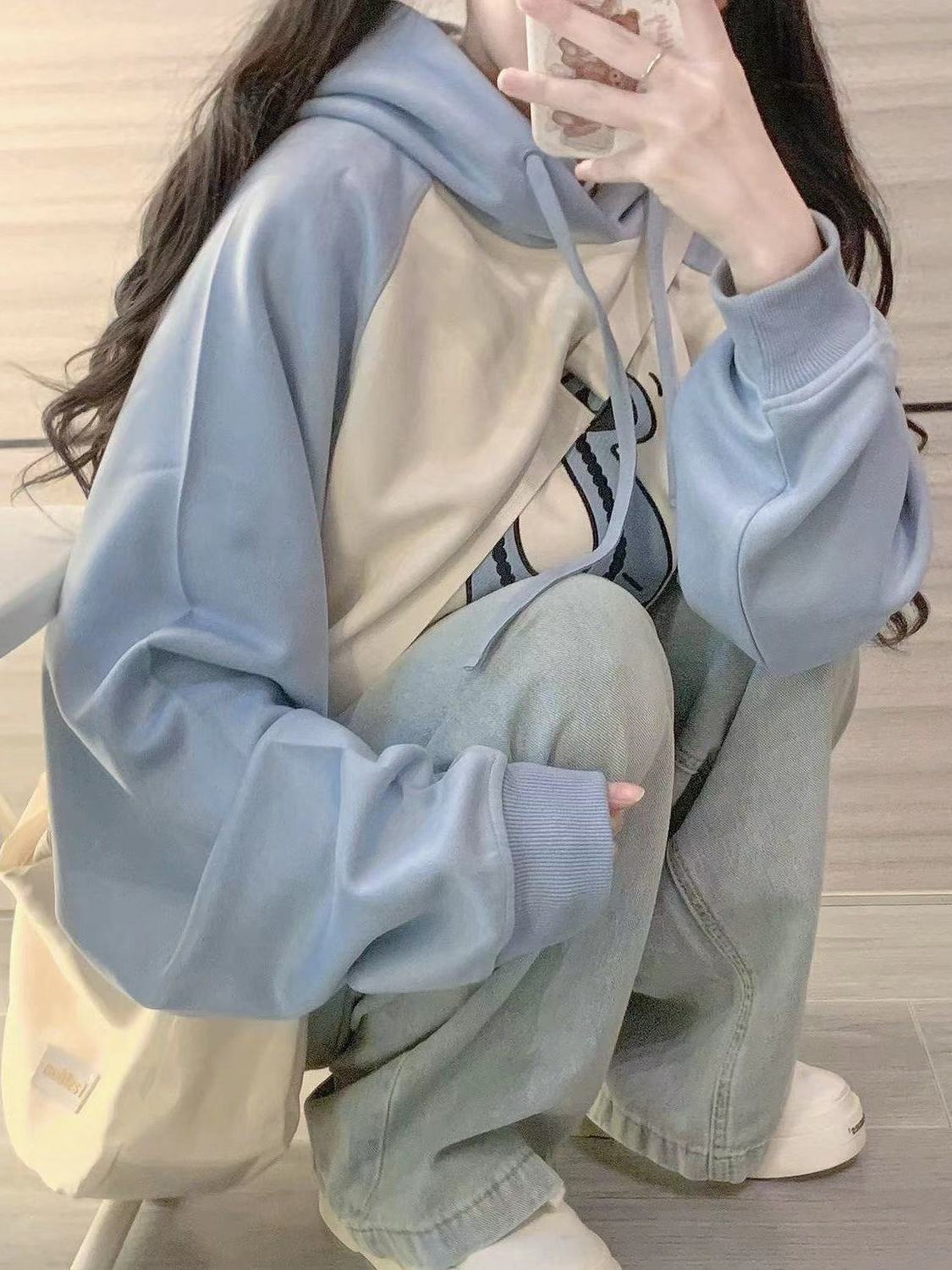Spring and Autumn style American retro vibe style contrasting color splicing pullover hooded sweatshirt oversize loose lazy top