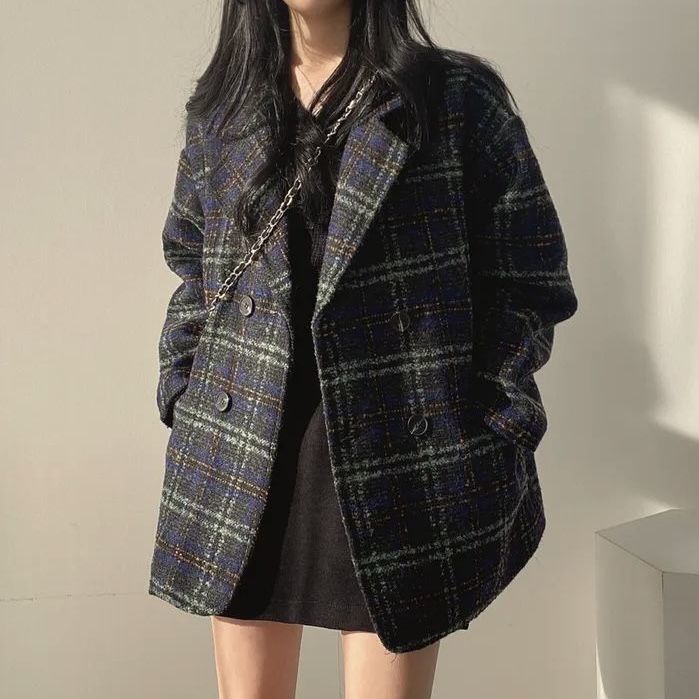 西装外套女秋冬新款韩版复古中长款时尚百搭加厚格子毛呢大衣