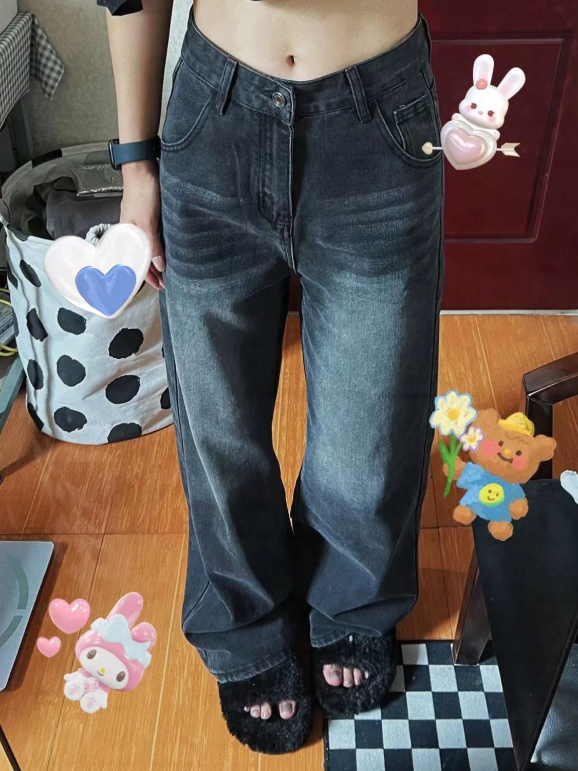 美式vibe復古黑灰色闊腿牛仔褲女秋冬新款高腰顯瘦直筒闊腿拖地褲