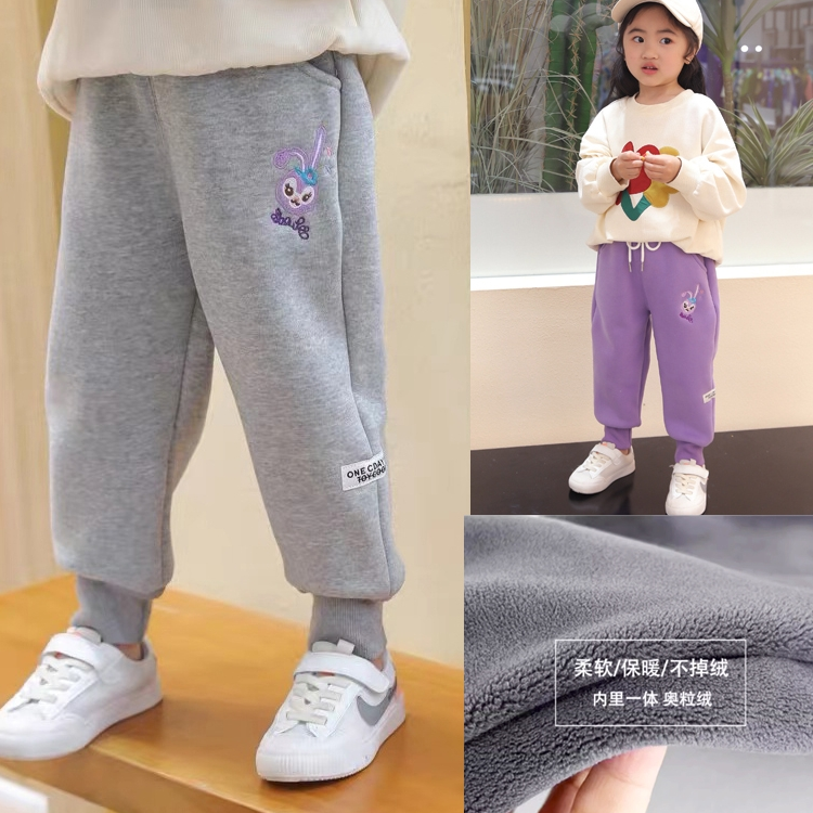 Girls' spring and autumn trousers, autumn and winter velvet children's style sports pants, thickened baby girl's casual outer trousers