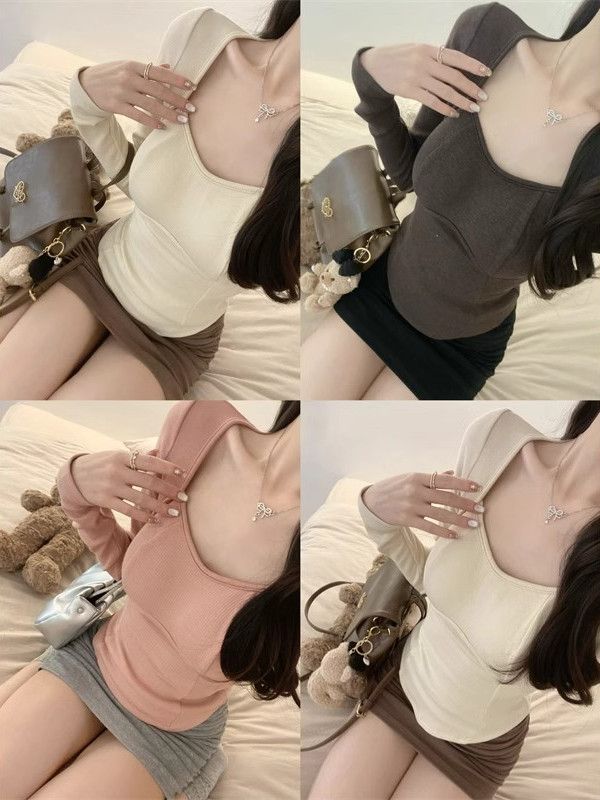 德絨方領打底衫女秋冬季魚骨設計感長袖上衣短款修身顯瘦鎖骨t恤