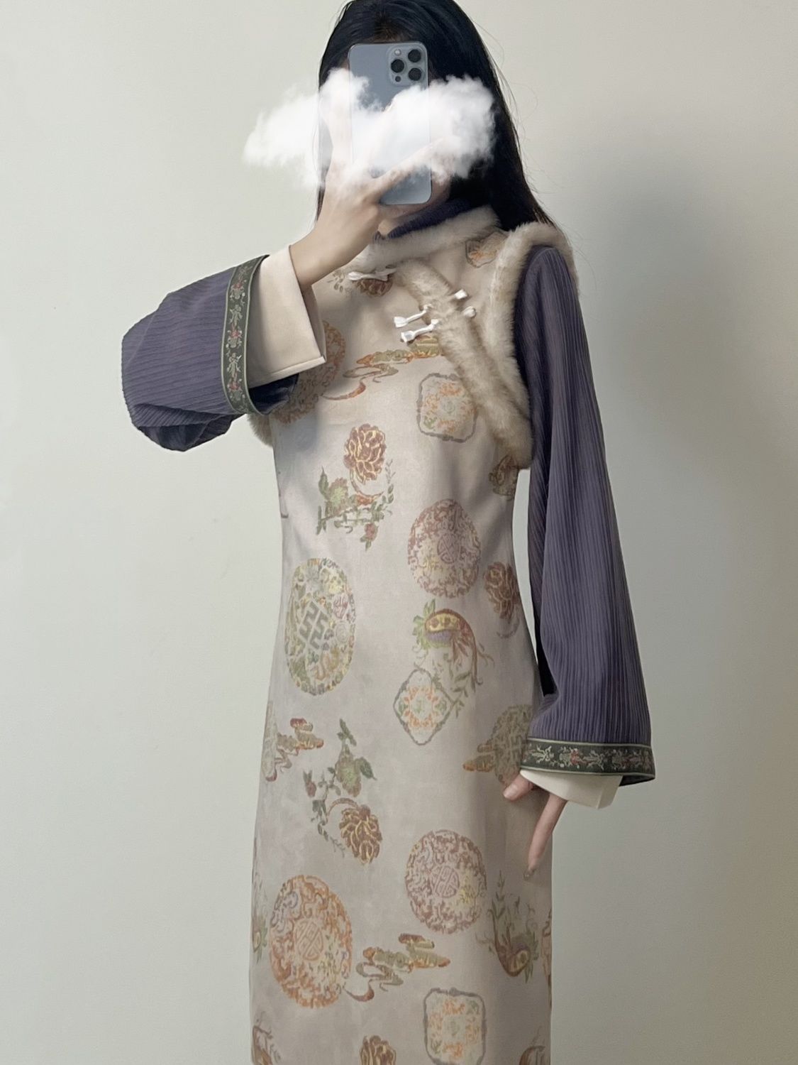 2023年秋季新中式女裝中國風改良旗袍丁香紫冬款加厚連衣裙兩件套