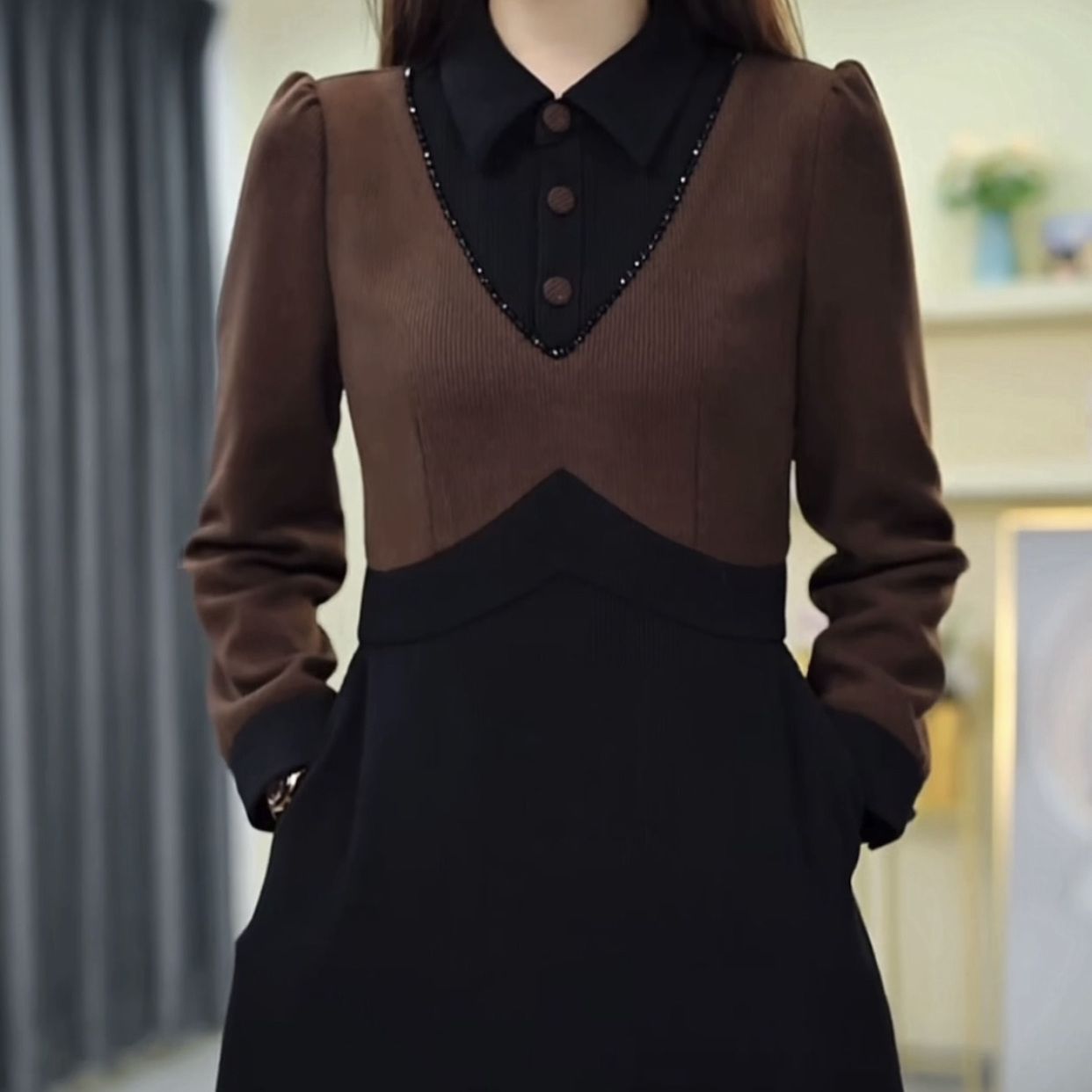 雪尼爾絨連衣裙2023新款女裝冬季高檔顯瘦時尚美拉德假兩件套裙子