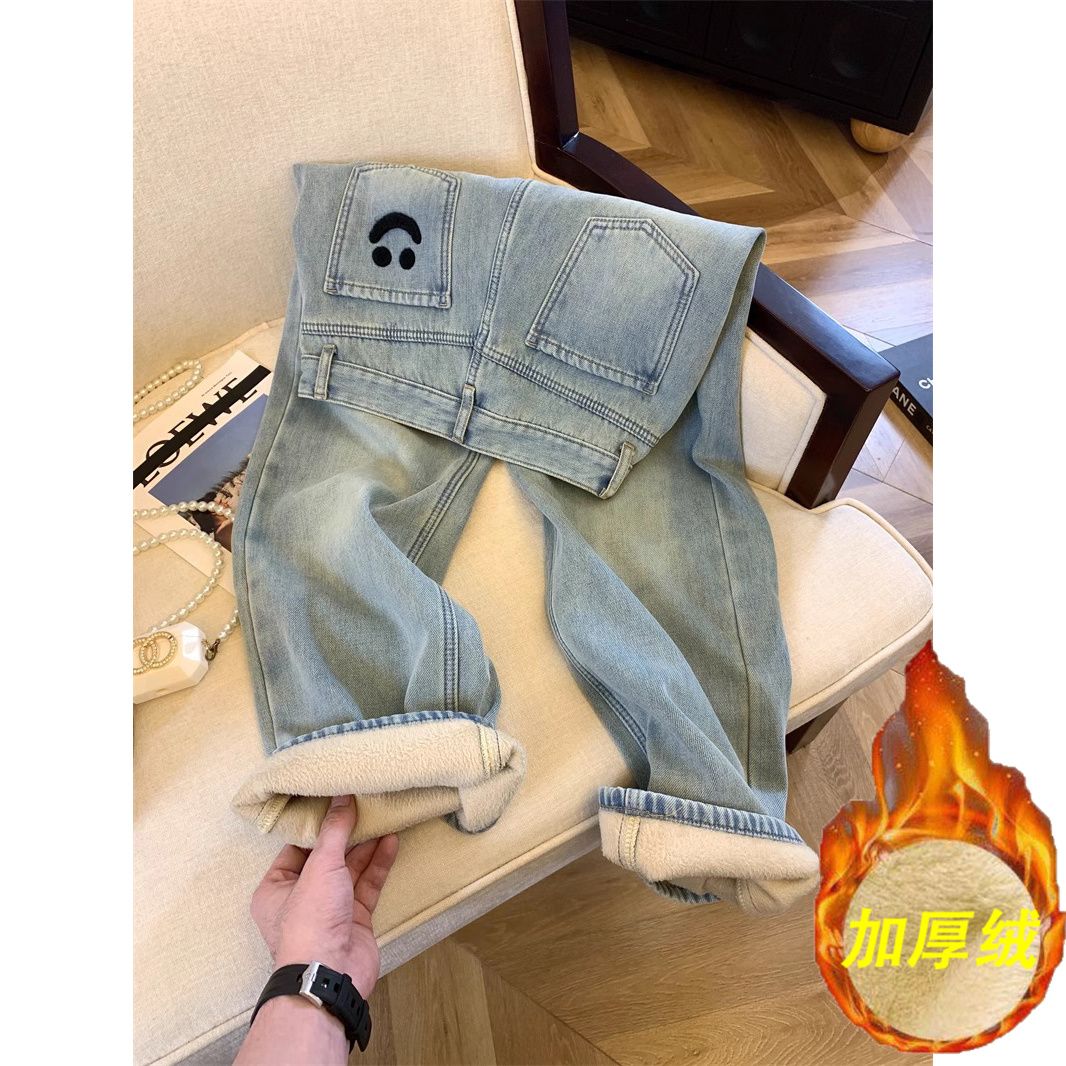 加絨加厚笑臉刺繡闊腿牛仔褲女2023秋冬新款高腰寬鬆顯瘦直筒長褲