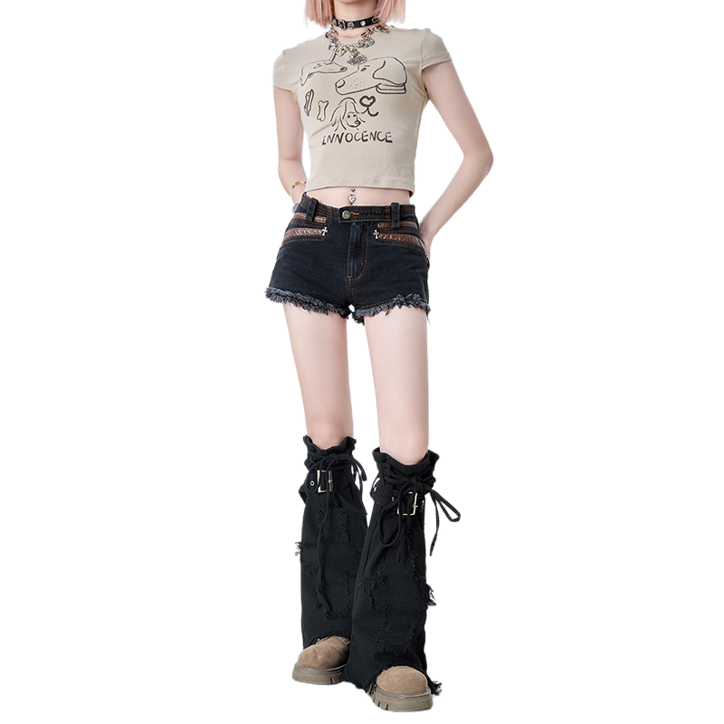 Y2k Black Denim Leg Warmers With Cross Design And Drawstring_voghion.com