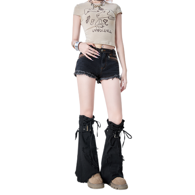 Y2k Black Denim Leg Warmers With Cross Design And Drawstring_voghion.com