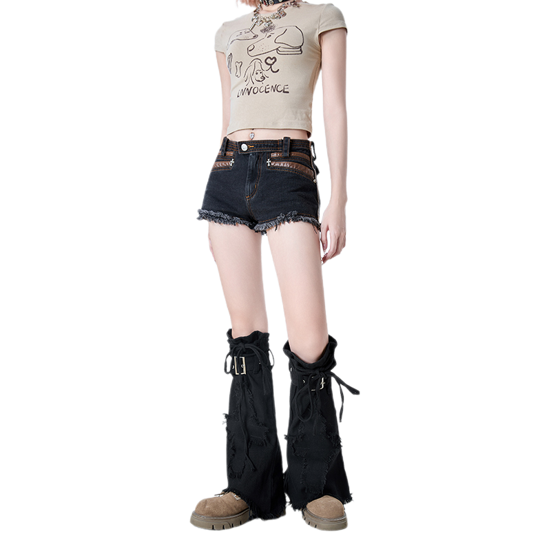 Y2k Black Denim Leg Warmers With Cross Design And Drawstring_voghion.com