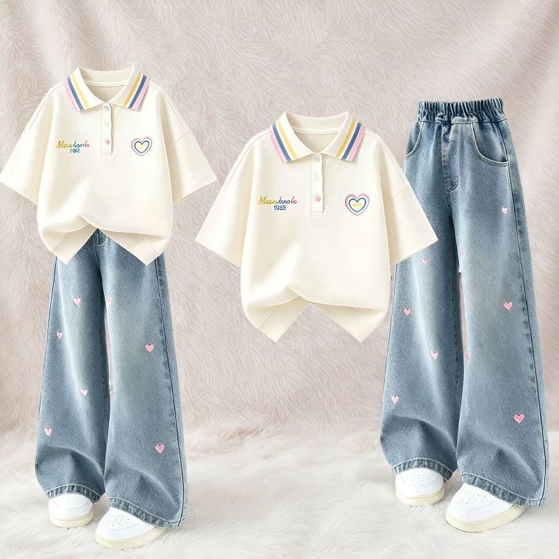 夏季女中大童夏新款Polo衫短袖卡通阔腿两件套中大童休闲牛仔套装