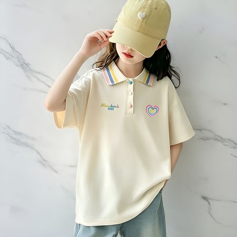 夏季女中大童夏新款Polo衫短袖卡通阔腿两件套中大童休闲牛仔套装 图片 3