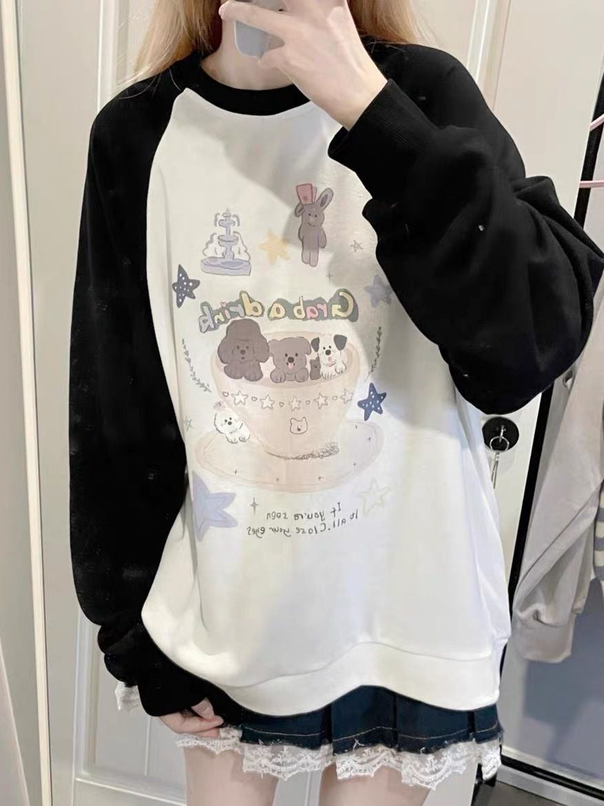 日系可愛插肩袖拼接衛衣女秋冬新款學生寬鬆上衣女學院風百搭潮
