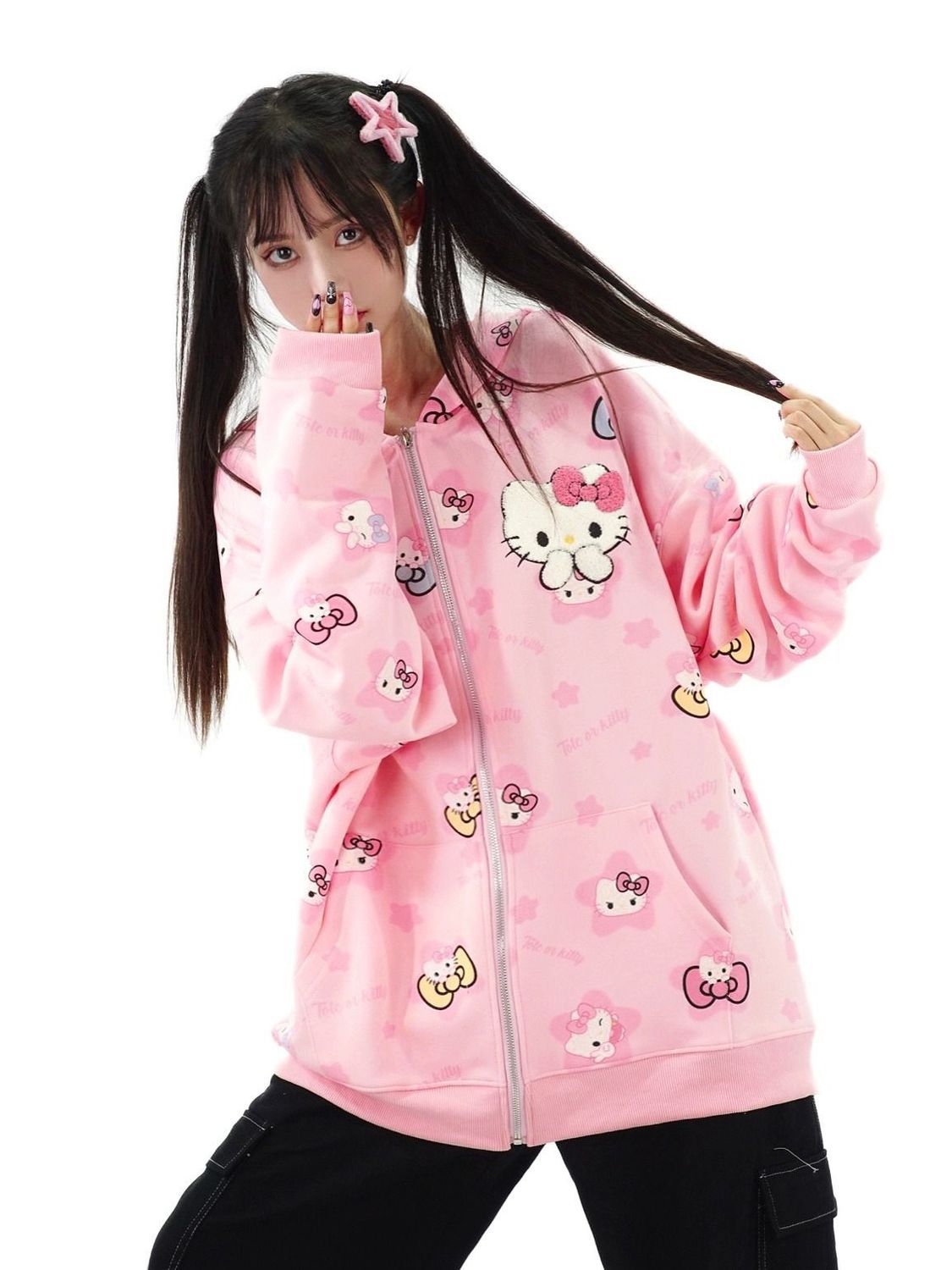 Chinese trendy American cartoon sweet girl style full printed Hello Kitty cardigan zipper hooded sweatshirt for men and women heavy cotton jacket
