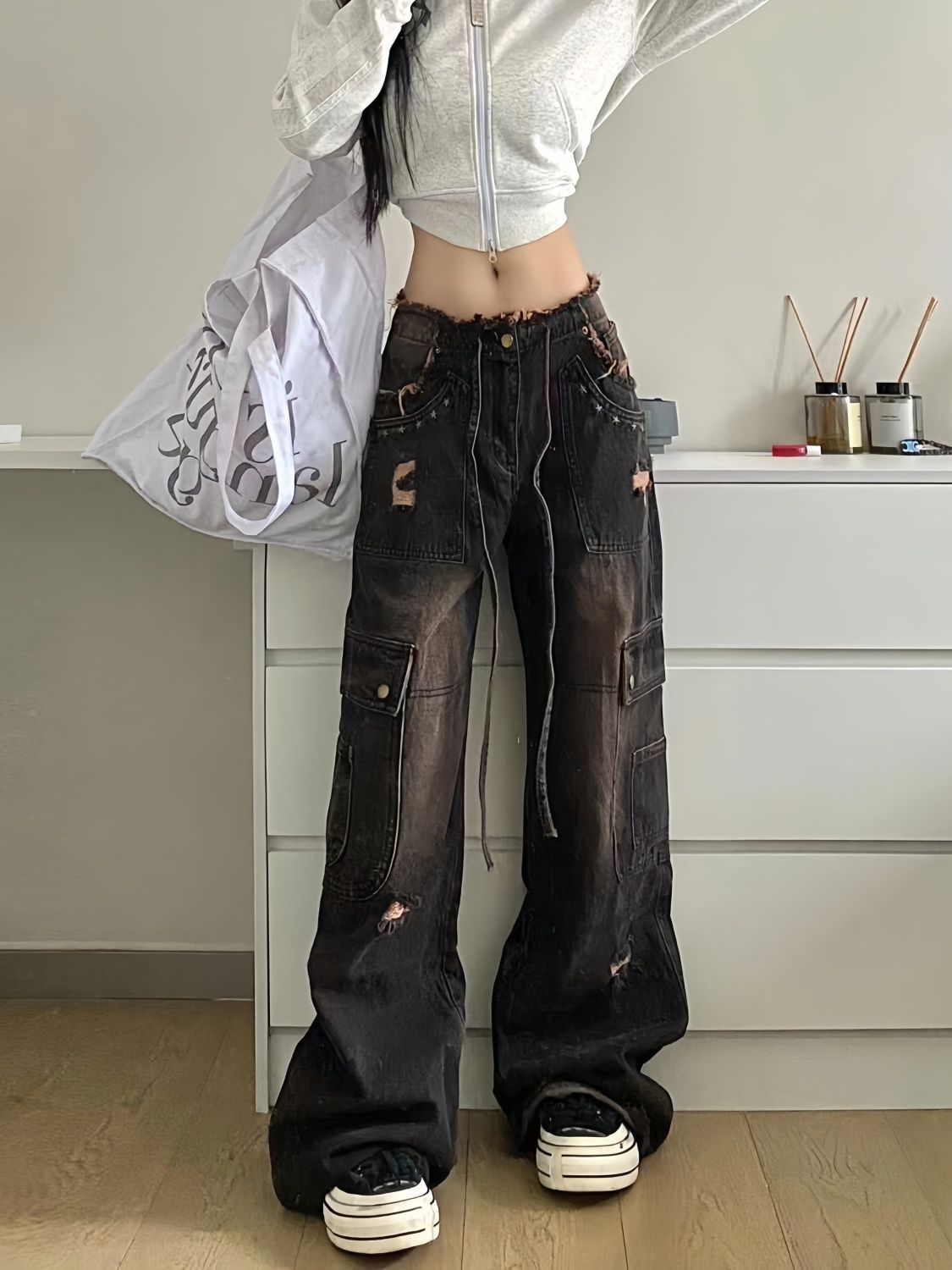 美式vibe復古抽繩工裝褲牛仔褲女秋冬破洞設計感寬鬆顯瘦闊腿褲潮