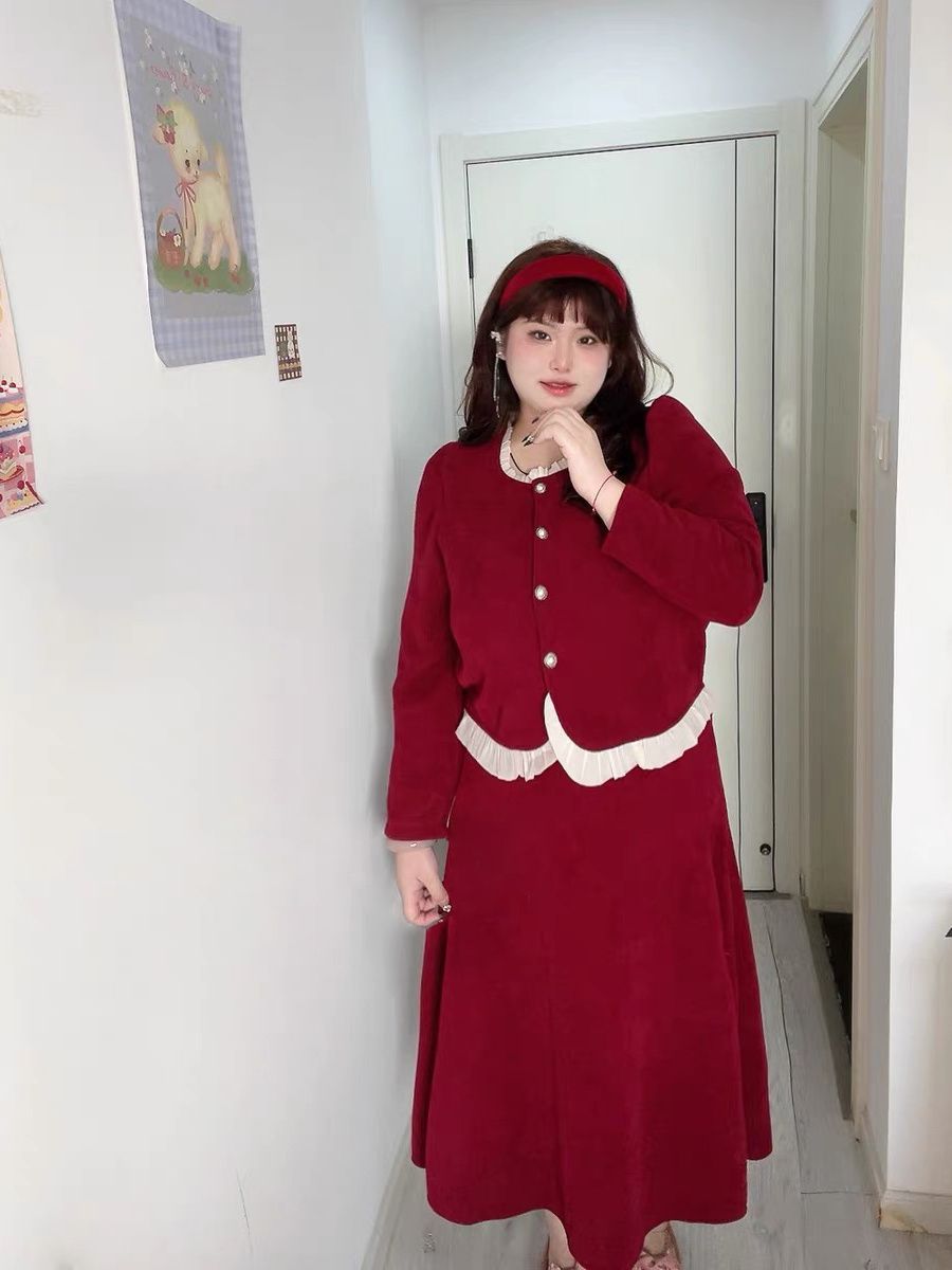 大碼法式復古名媛小香風紅色套裝女秋冬胖mm氣質顯瘦兩件套裝裙子