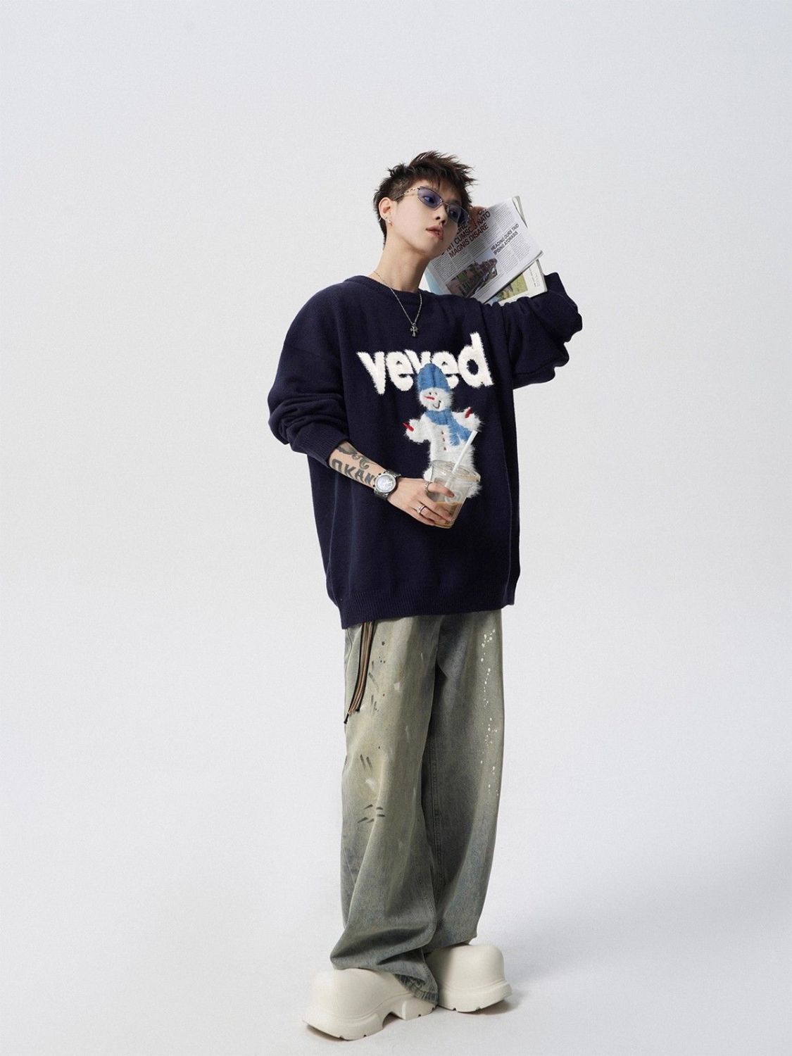 Atmosphere Schneemann-Weihnachtspullover für Herren, Herbst, amerikanische Trendmarke, Jacquard-Muster, lockerer Rundhalsausschnitt, Strickpullover_voghion.com