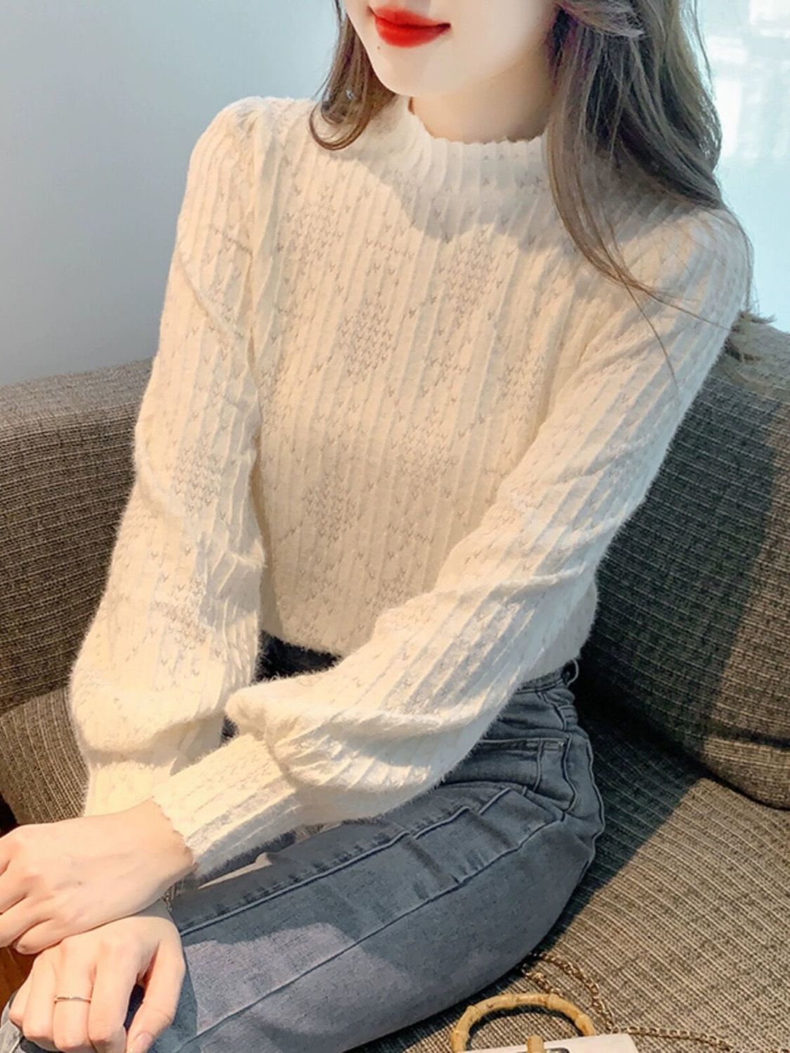 加絨磨毛蕾絲打底衫女秋冬新款半高領顯瘦百搭洋氣內搭長袖T恤女