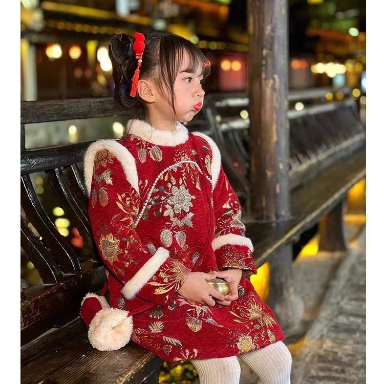 女童中国汉服冬款加绒儿童唐装过年拜年旗袍加厚女宝新年连衣裙