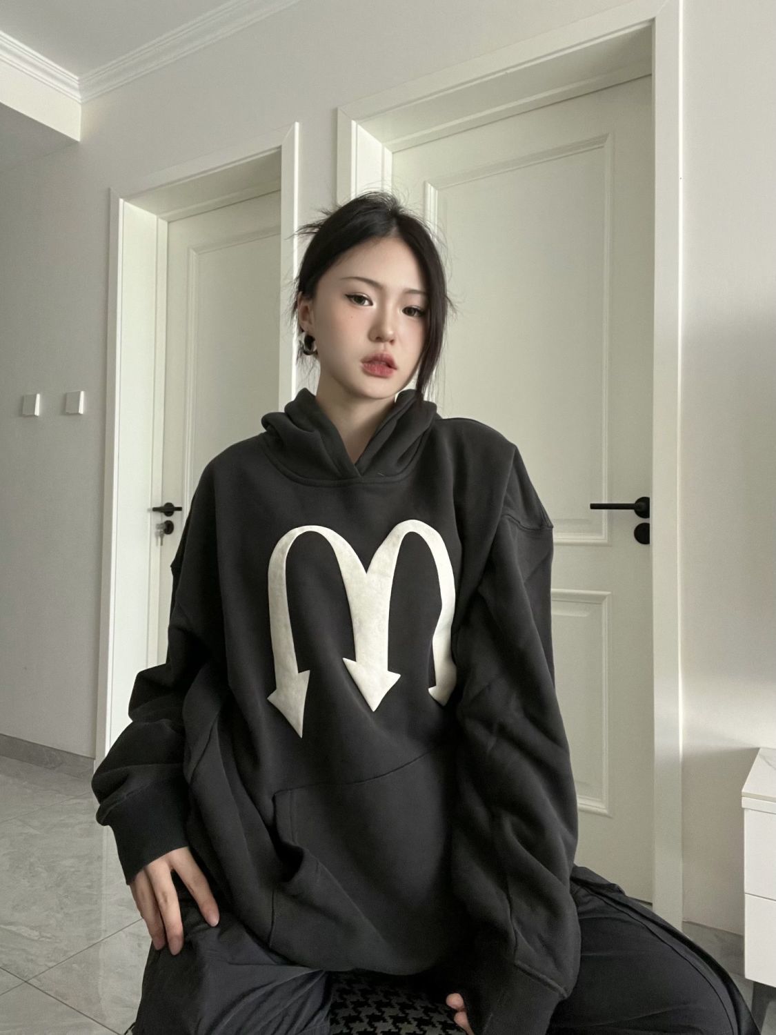 國潮美式復古字母M印花連帽衛衣女冬季新款重磅純棉加絨加厚外套