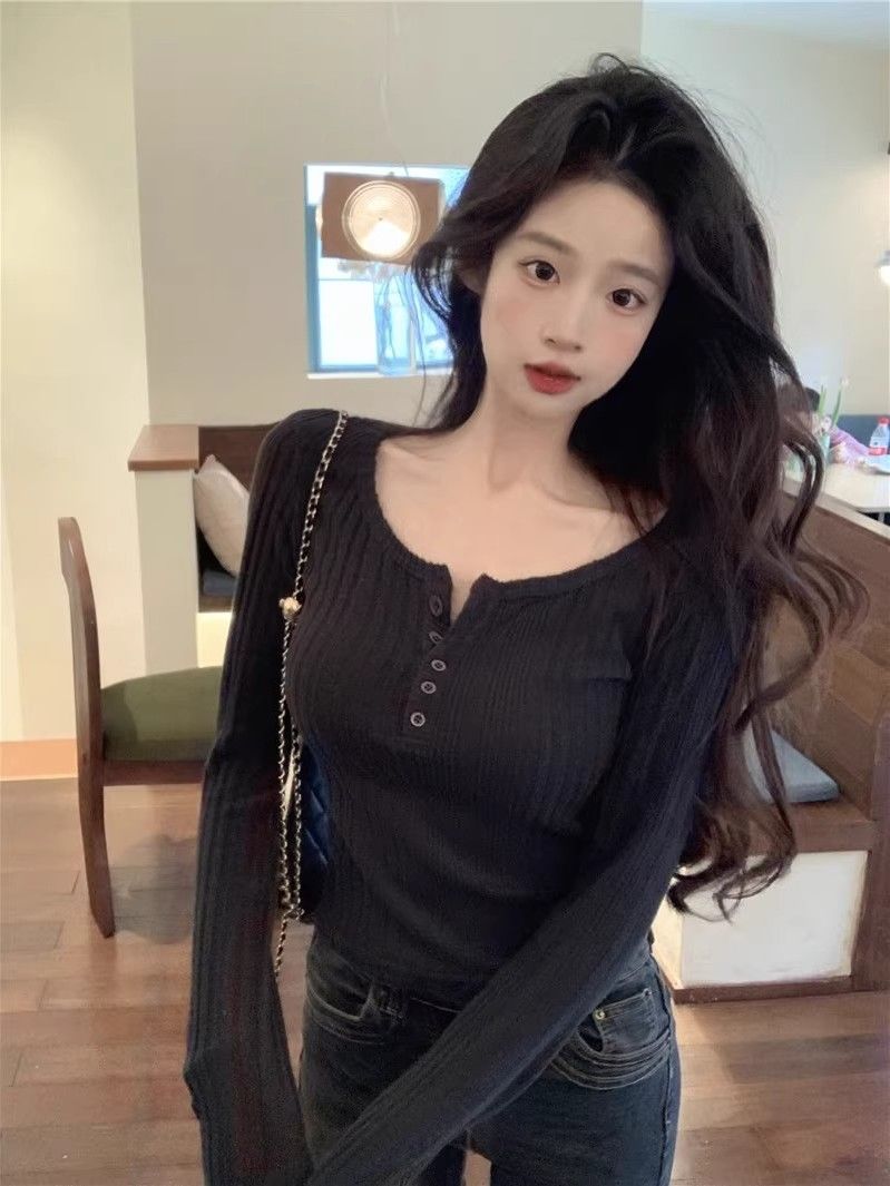 美式辣妹打底衫女秋冬長袖小個子紐扣設計感修身顯瘦獨特别致上衣