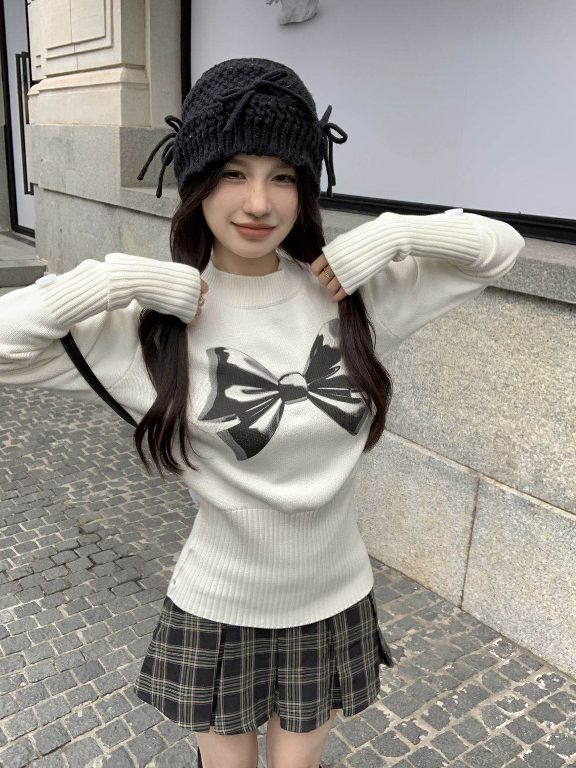 蝴蝶結印花圓領長袖針織衫女裝秋冬修身顯瘦美式毛衣打底收腰上衣
