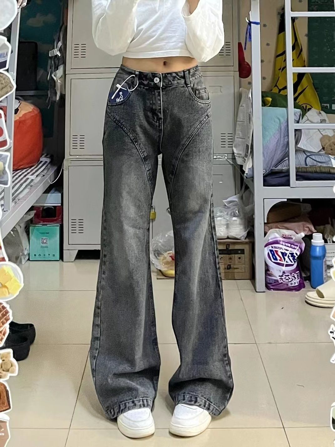 美式復古黑灰色拼接骨微叭牛仔褲女秋冬設計感低腰寬鬆顯瘦闊腿褲