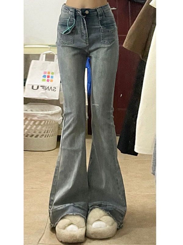 美拉德毛邊微喇叭牛仔褲女小個子顯瘦修身彈力提臀辣妹百搭馬蹄褲