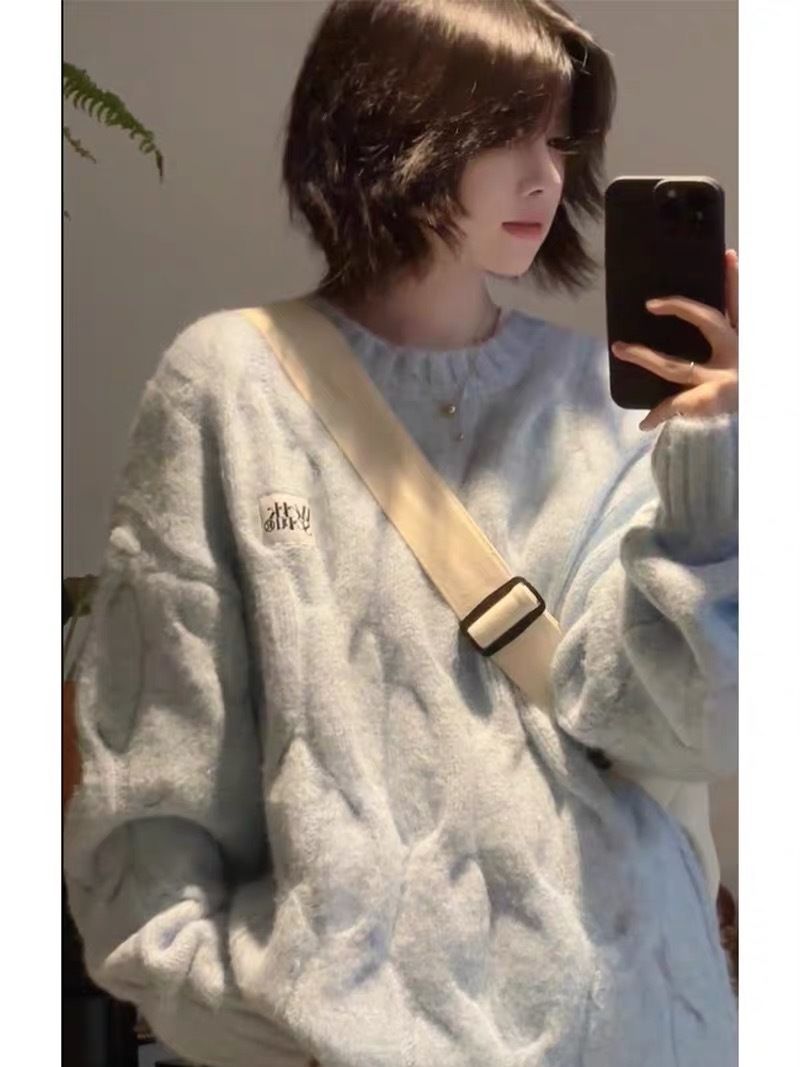 日系奶fufu麻花圓領毛衣女秋冬寬鬆慵懶風bf軟糯加厚針織衫外套潮