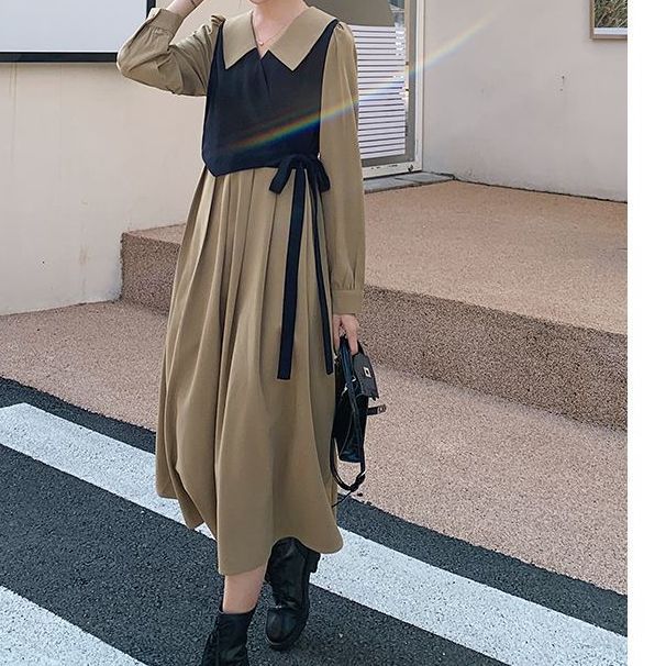 法式假兩件連衣裙女大碼秋冬新款氣質胖mm拼接設計感美拉德穿搭裙