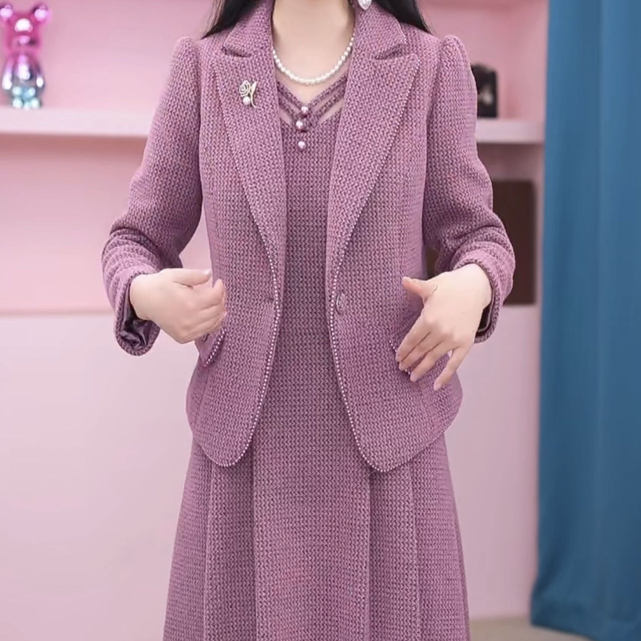 高檔貴妃絨兩件套2023秋冬新款女裝加厚保暖兩件套時尚婚禮媽媽裝