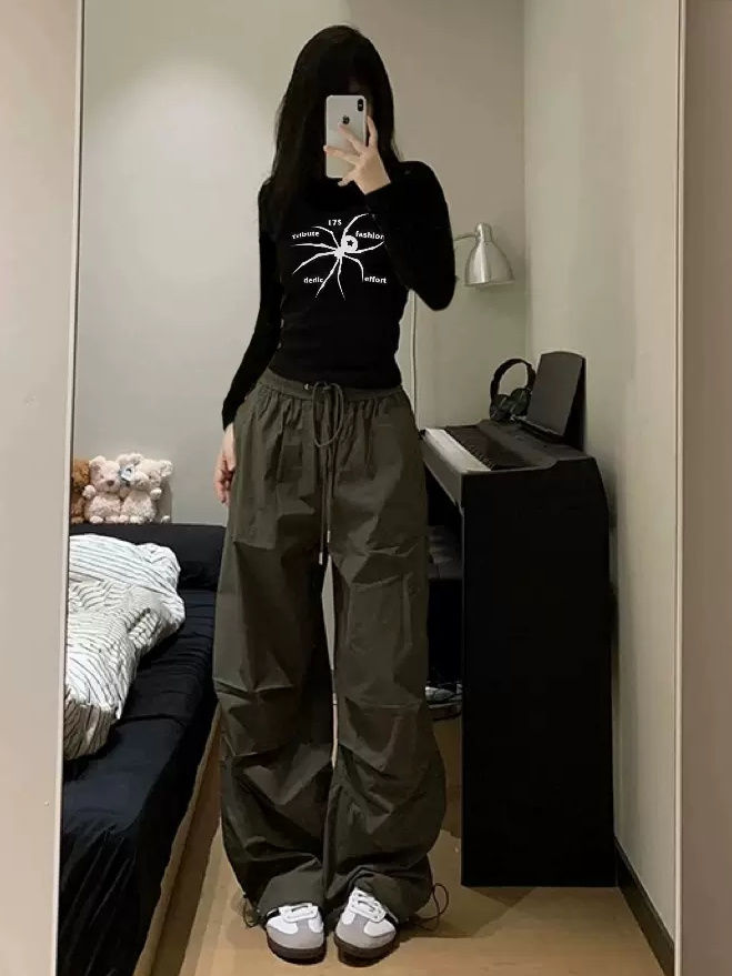 德絨復古黑色長袖蜘蛛印花長袖T恤女秋冬設計感修身打底辣妹上衣