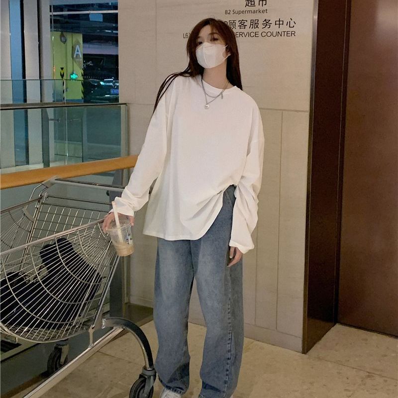 保暖加厚雙面德絨圓領白色打底衫女加絨秋冬磨毛內搭寬鬆中長T恤