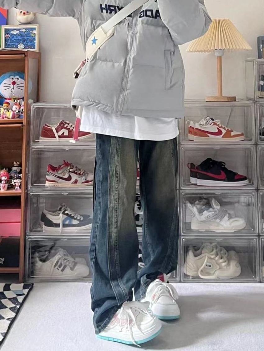 美式復古拼接設計感直筒牛仔褲女秋冬小個子高腰寬鬆顯瘦闊腿褲