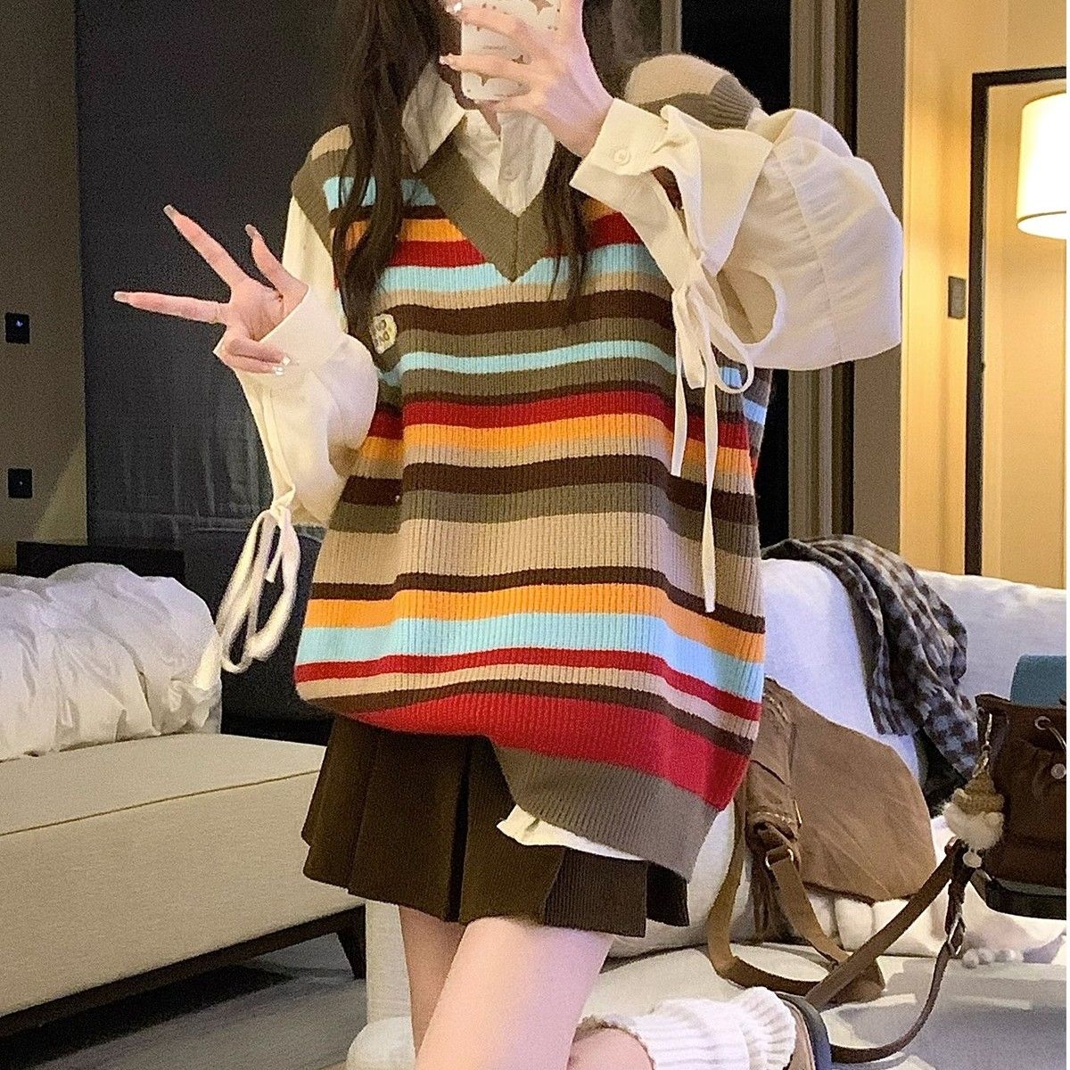 2023秋冬新款撞色條紋針織衫外搭馬甲背心女小眾百搭設計感上衣潮