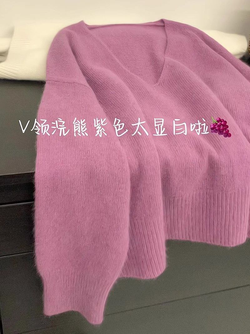 早春秋冬上新簡約百搭慵懶軟糯寬鬆v領浣熊絨針織套頭長袖毛衣女