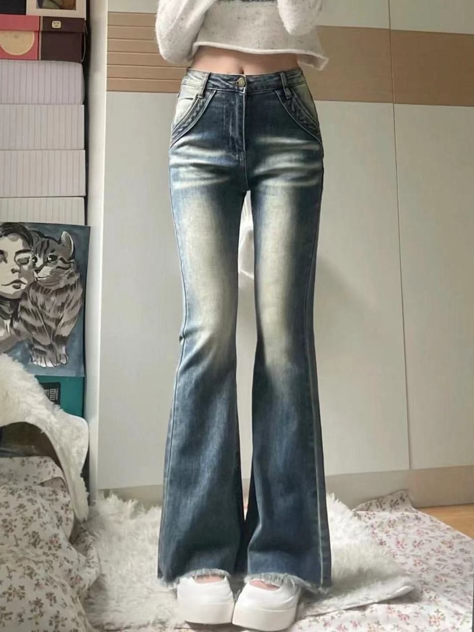 美式復古做舊微喇牛仔褲女秋季新款高腰修身顯瘦毛邊彈力喇叭褲子